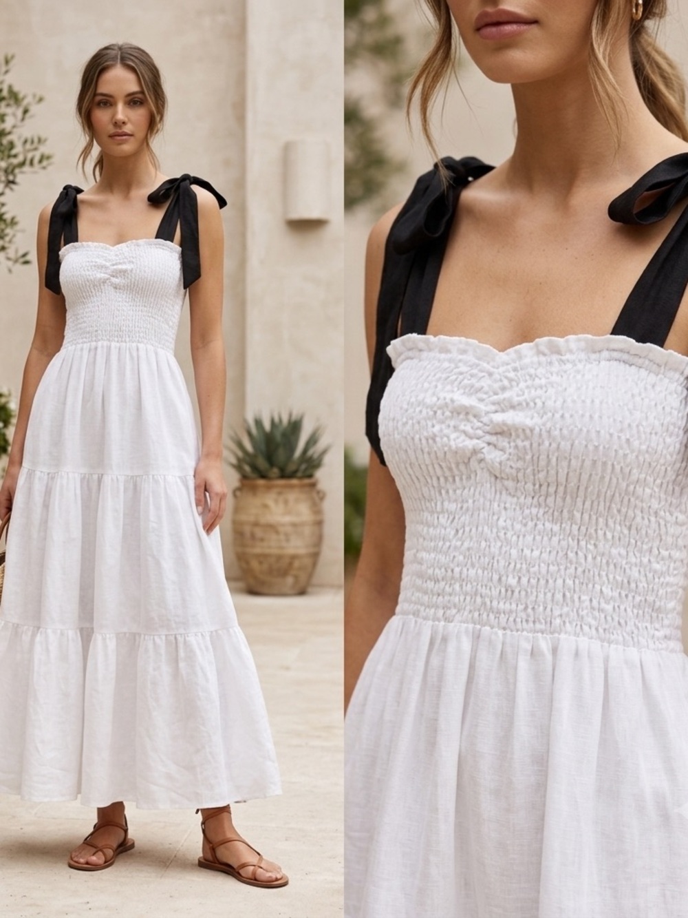 Maria Cayetana White Smocked Tiered 100% Linen Maxi Dress European Women’s XS